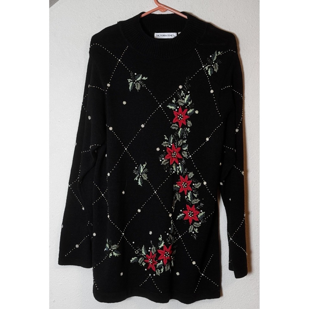 Victoria Jones Vintage Black Beaded Poinsettia Christmas Sweater Pullover Size L